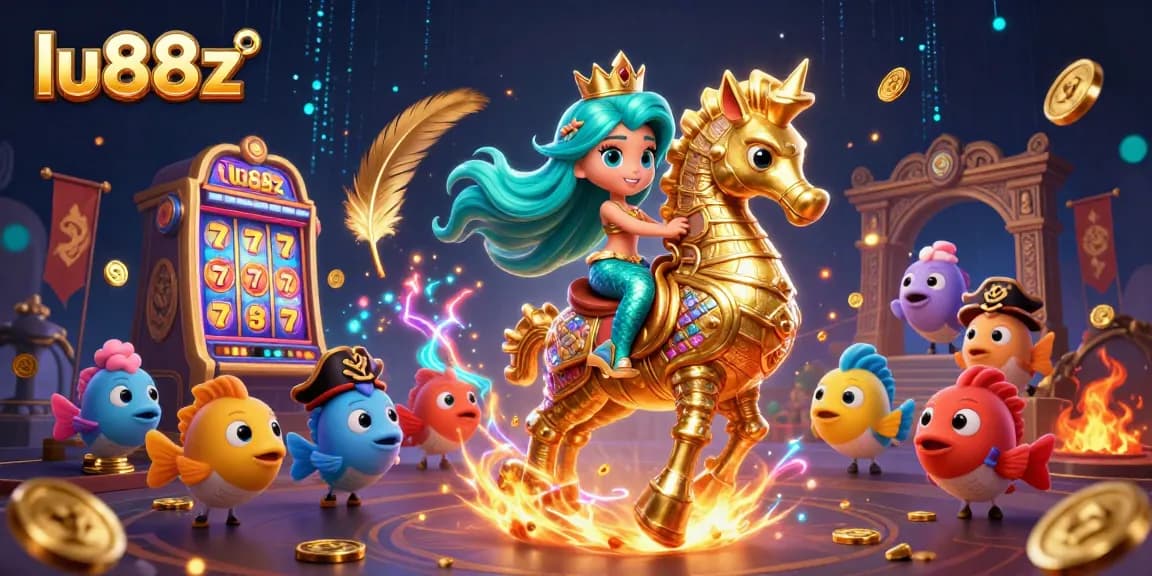 Spin the reels with lu88z as a vibrant scene comes alive with mermaids, treasure, and slot machines.