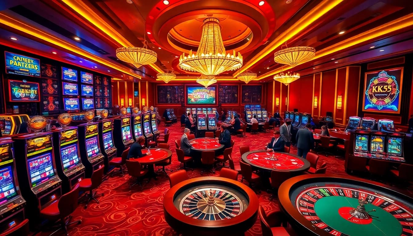 Casino players enjoying exciting games including KK55 slot machines and poker tables.