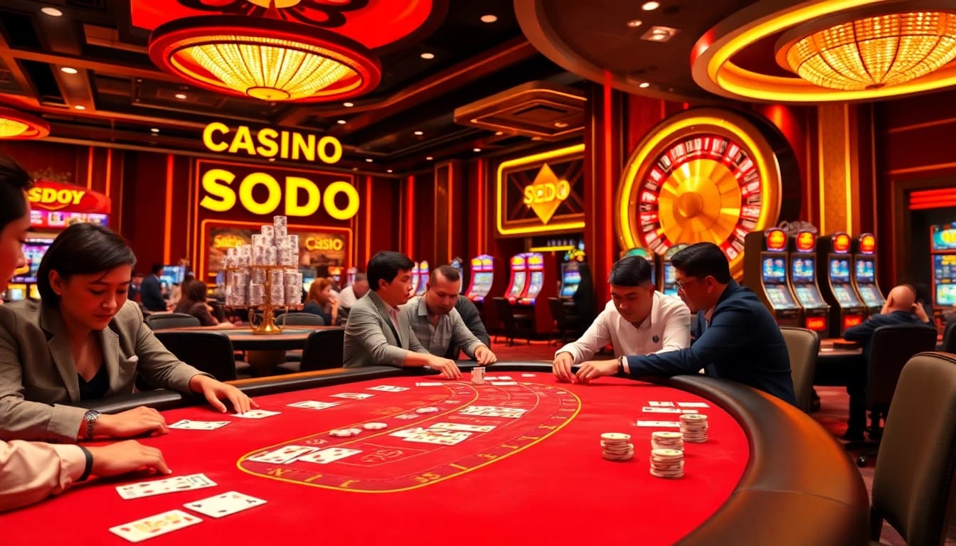 SODO CASINO blackjack players celebrating a win among colorful slot machines and roulette.