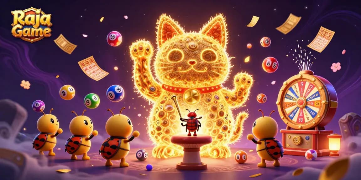 Win exciting rewards with Raja Game's dynamic lottery scene featuring colorful elements and a giant lucky cat.