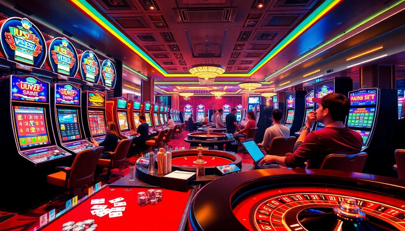 Players enjoying a thrilling casino experience at uu88 with vibrant slot machines and poker tables.