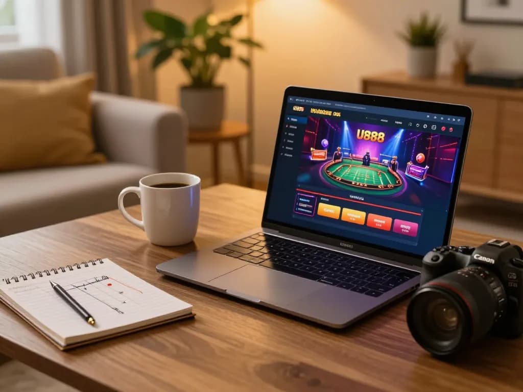 Engaging gameplay at U888 online casino displayed on laptop, showcasing betting excitement and cozy home gaming atmosphere.