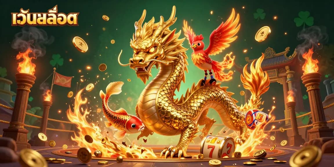 Engage with เว็บสล็อต in a vibrant 3D scene featuring a golden dragon, phoenix, and koi fish.