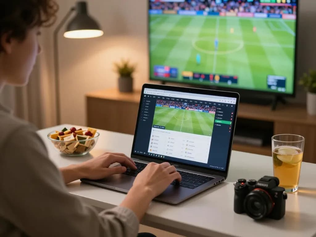 Engaging in online sports betting with debet, laptop displaying betting lines and live game, creating a dynamic atmosphere.