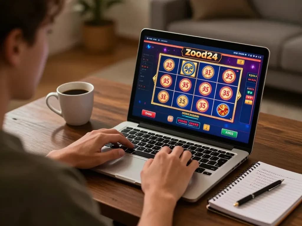 Zood24 player engaged in slot games on a laptop, showcasing strategy notes for a winning experience.