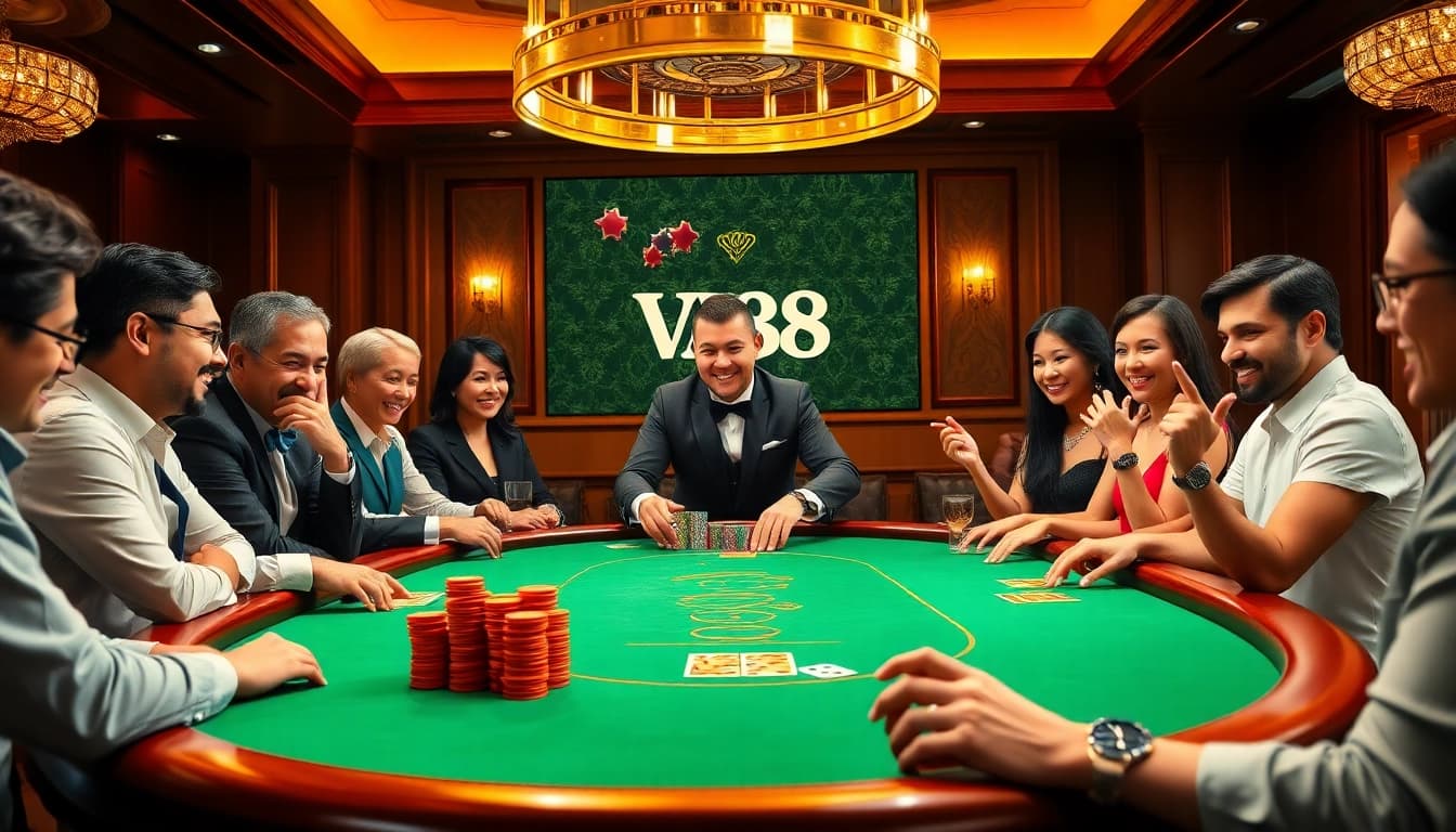 Players enjoying high-stakes poker at VA88 casino, showcasing excitement and luxury.