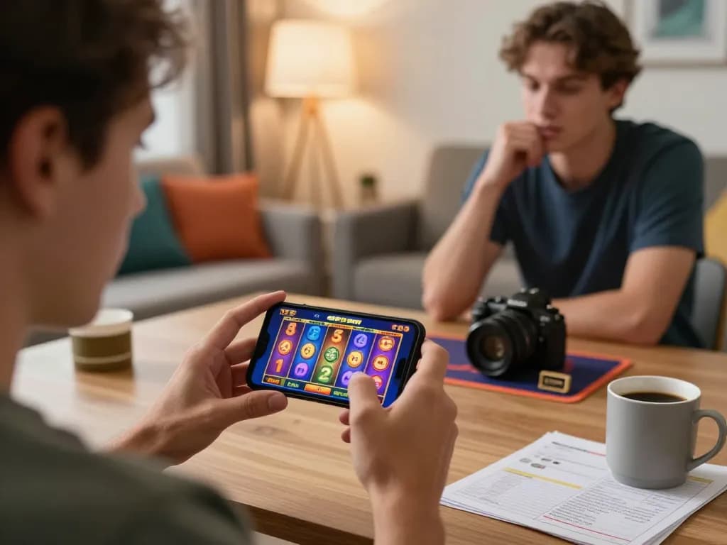 Engaging in a demo slot game on a smartphone amidst a lively home atmosphere.