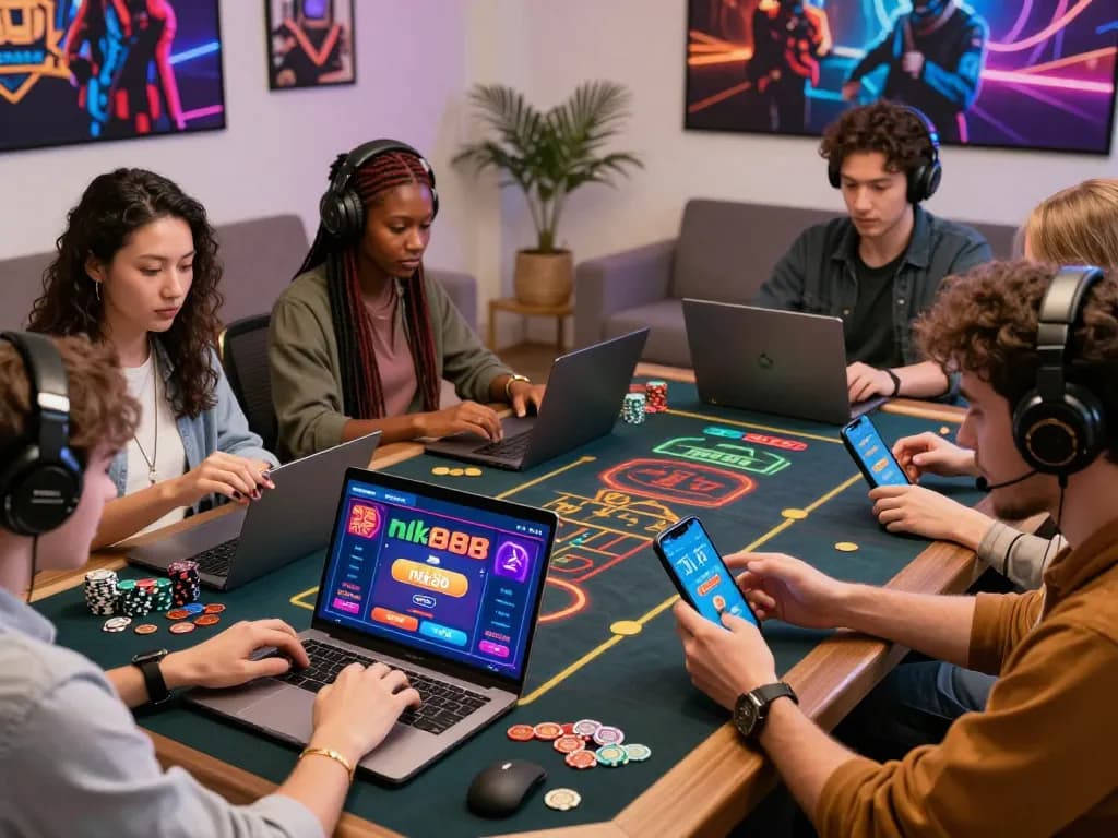Players enjoying the nk88 gaming app in a lively home gaming setup