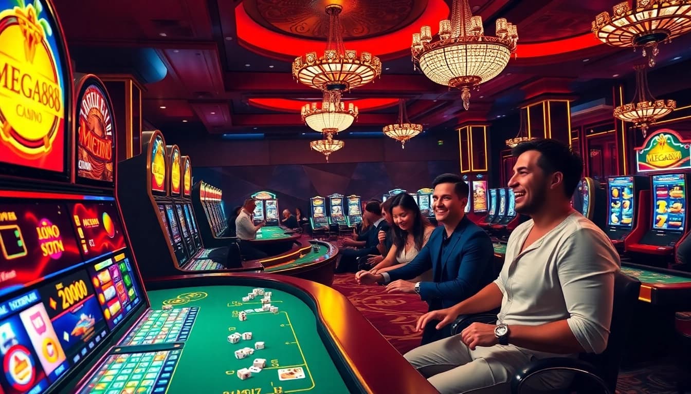 Experience the excitement of MEGA888 with vibrant casino visuals and thrilling gameplay.