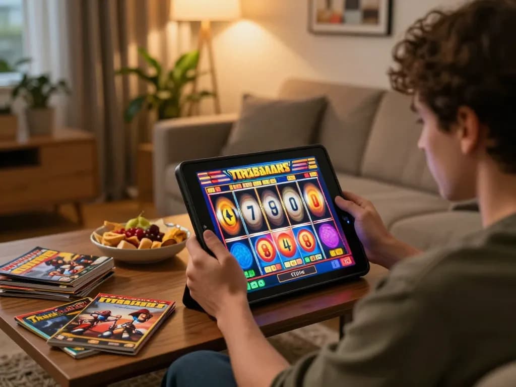 Player engaging with situs slot gacor on a tablet in a cozy living room, showcasing excitement in online gaming