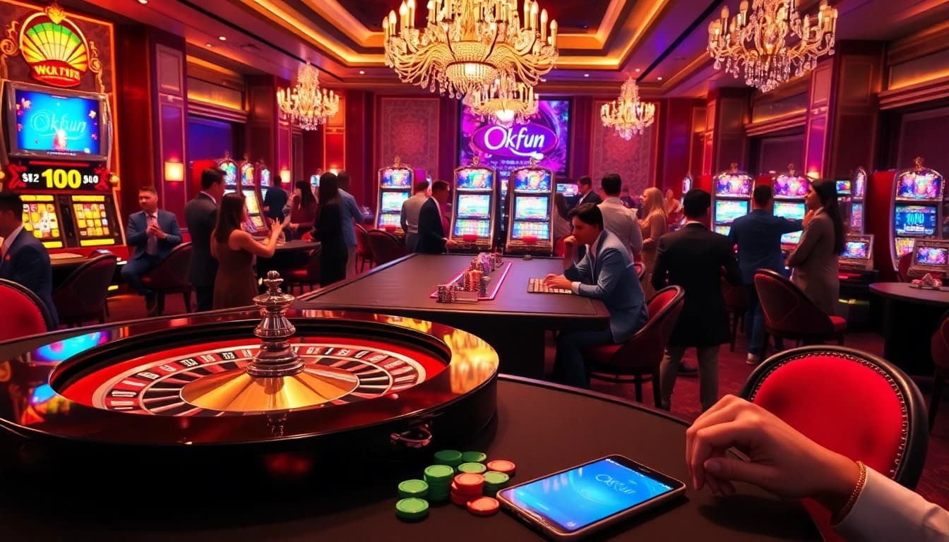Engage with the excitement of OKFUN casino gaming scene featuring colorful poker chips and a roulette wheel.