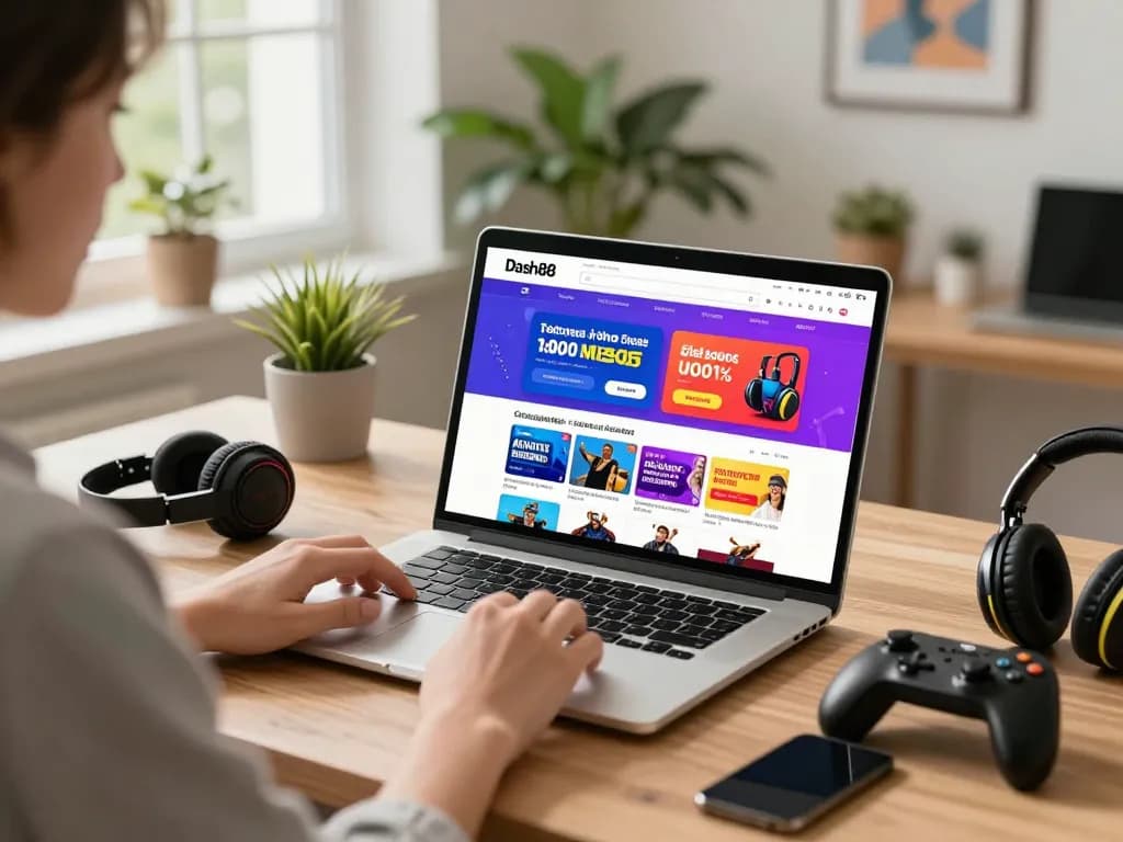 Engaged user exploring Dash88, the online slot game platform, in a vibrant home office.