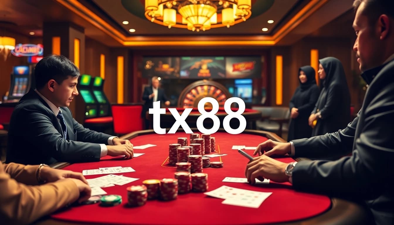 Engaging scene of high-stakes poker with tx88 chips and roulette, showcasing casino excitement and luxury.