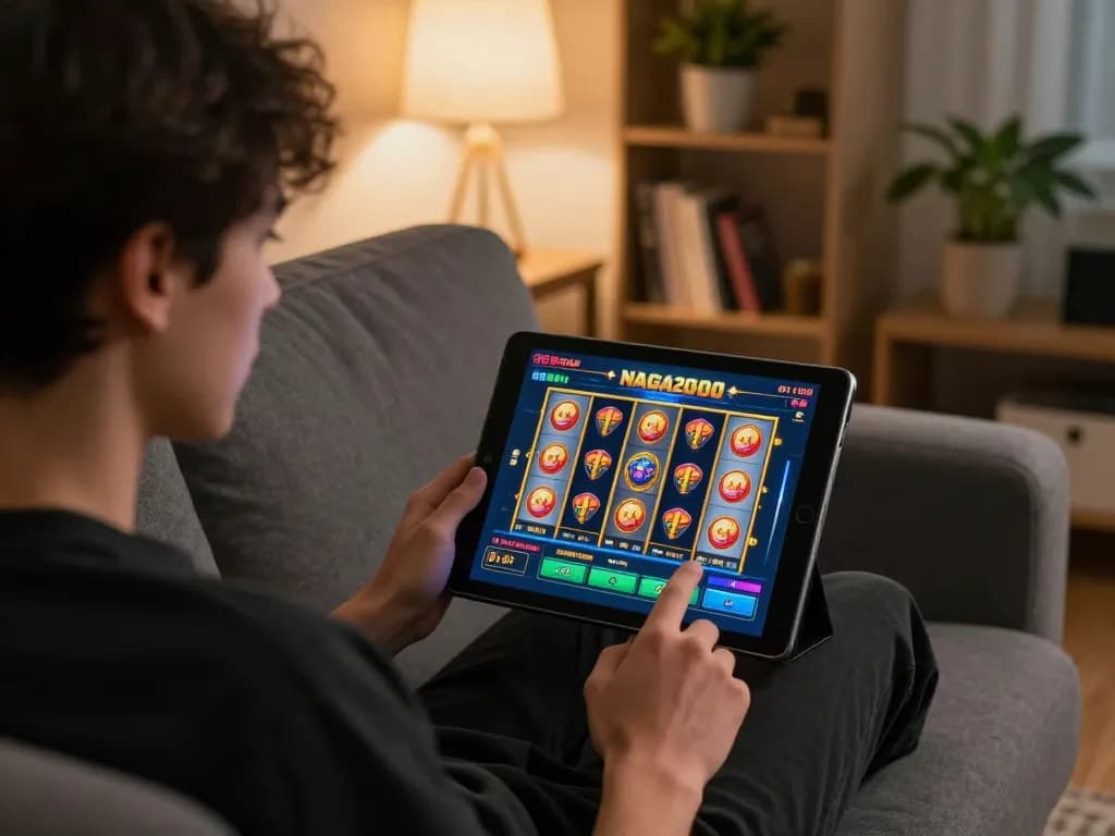 NAGA2000 player engaging with a slot game on a tablet in a cozy home setting.