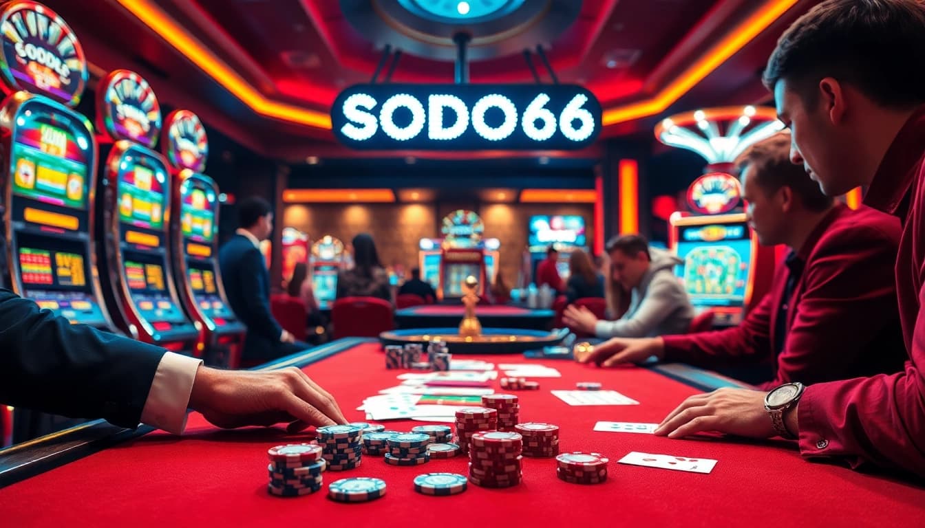 SODO66 casino atmosphere with players engaged in table games and slot machines.