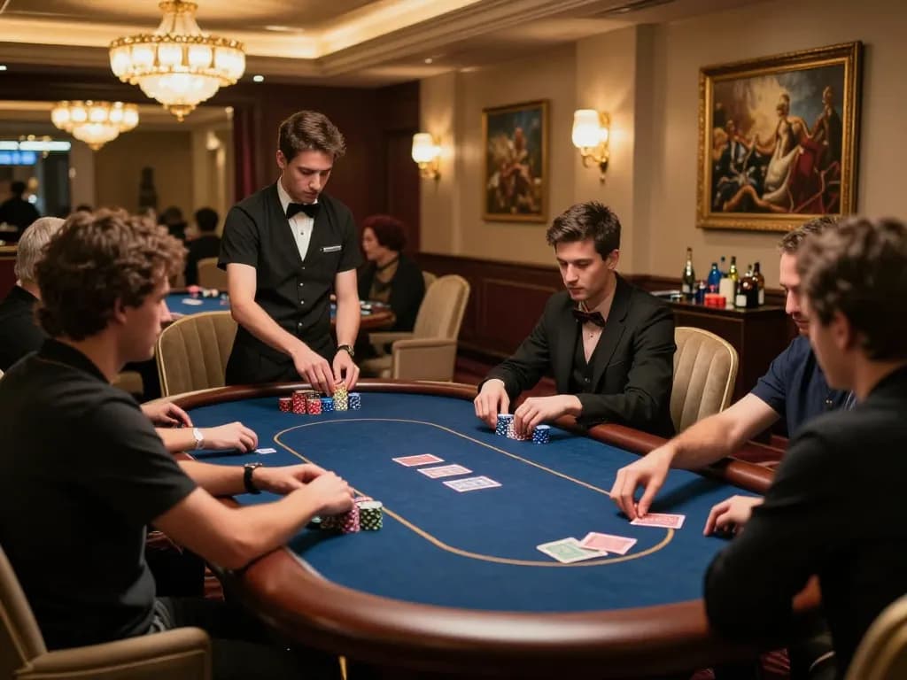 Players enjoying poker at an upscale casino table in GG88 com, showcasing luxurious betting environment.