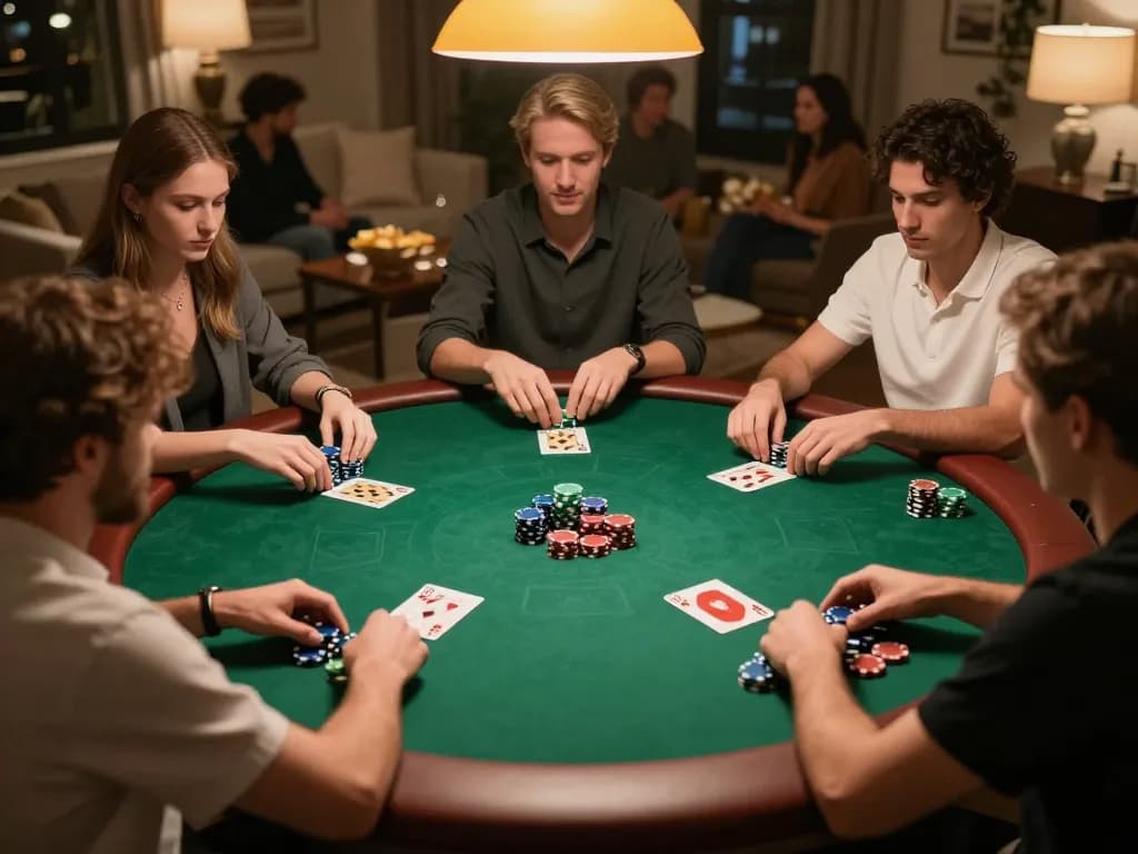 KONG88 players engaging in a thrilling poker game featuring stylish décor and community cards.