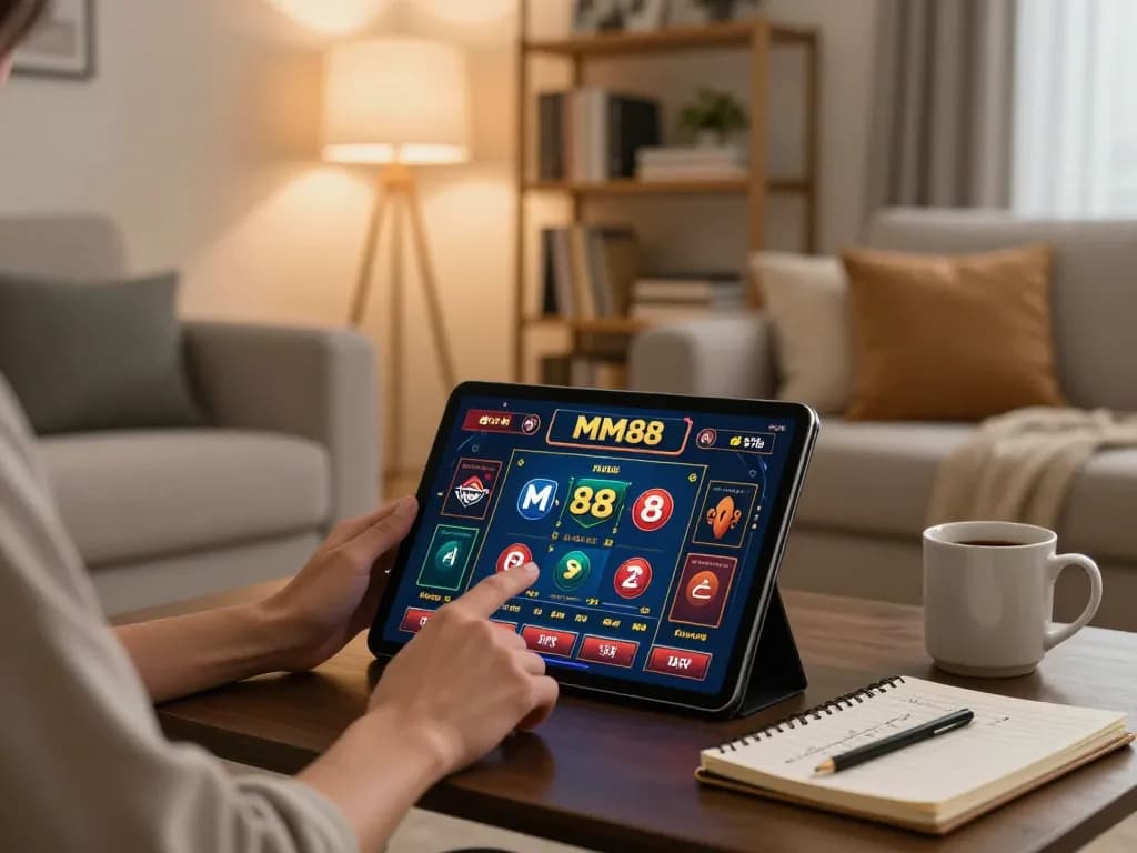 Player using MM88 casino tablet in cozy living room for online gaming strategy.