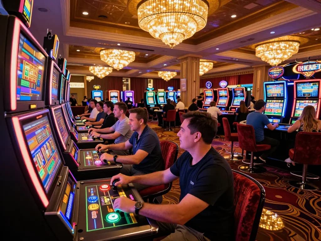 IWIN68 casino visitors celebrating wins at colorful slot machines with vibrant gaming atmosphere