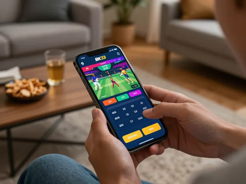 Engaging mobile betting on BK33 app showcasing live cricket odds in a cozy setting.