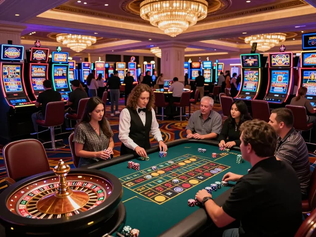 Players placing bets at a roulette table in a lively Las Vegas casino, emphasizing rwin potential.