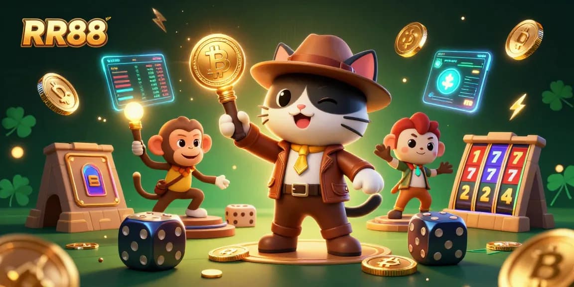 Engage with RR88 and explore a vibrant casino adventure featuring dynamic characters and glowing crypto elements.