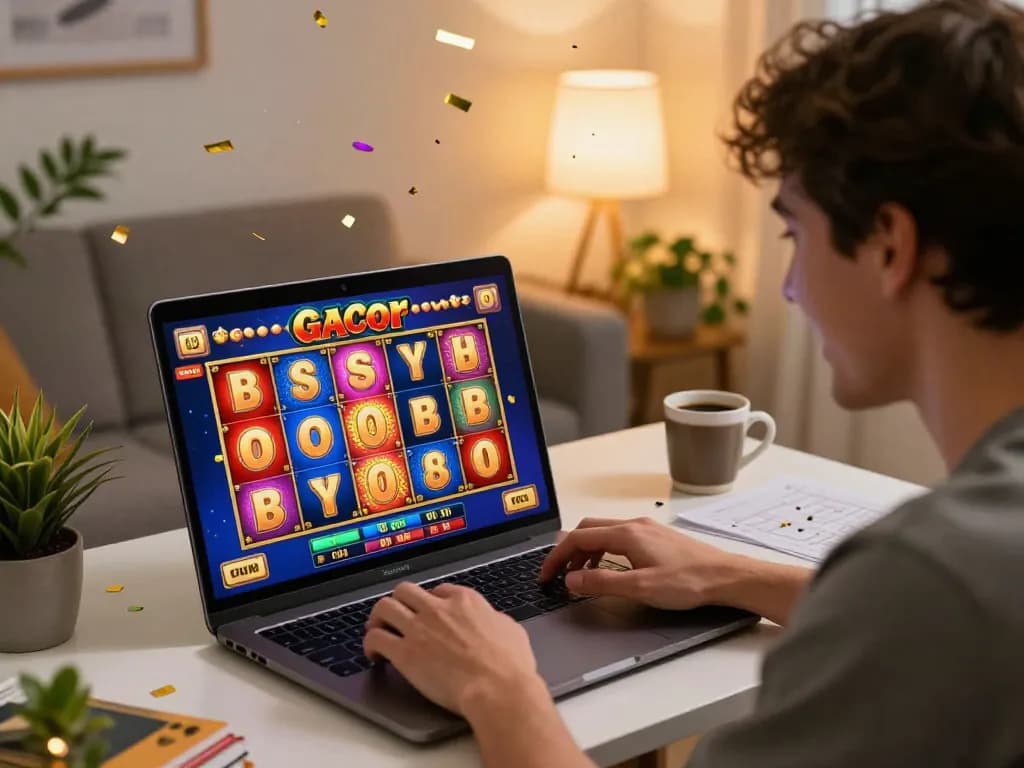 Player enjoying a slot gacor game on a laptop at home, celebrating a big win with vibrant visuals