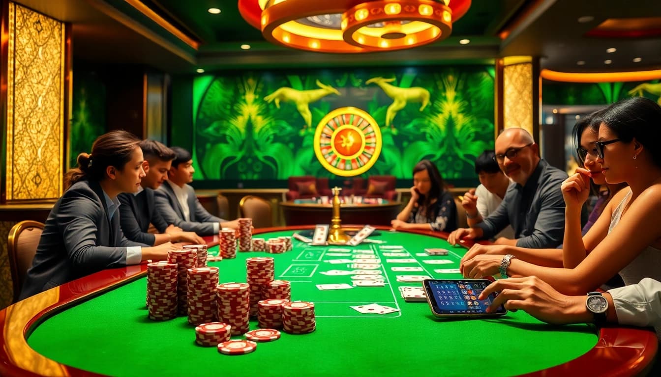 Experience the vibrant thrill of gambling at 99OK with poker tables and roulette wheels.