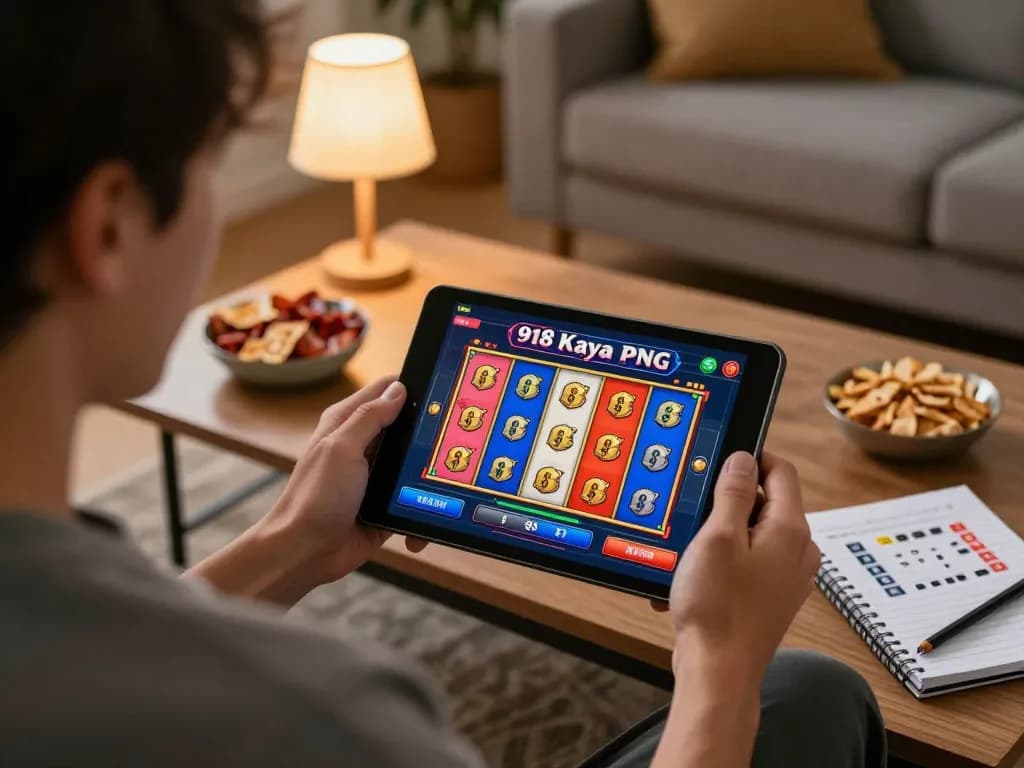 Engaged player enjoying 918Kaya PNG gameplay on a tablet in a cozy home setting with strategic notes.