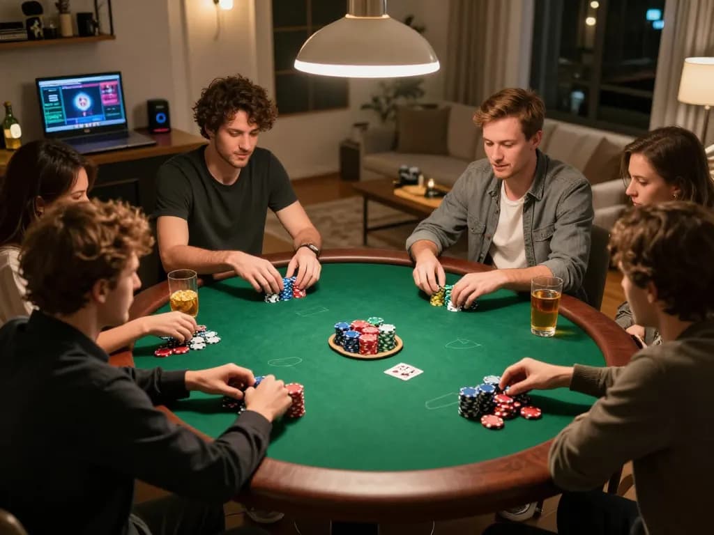 Engaging home poker night with friends, showcasing situs togel gaming strategy in action around a round table