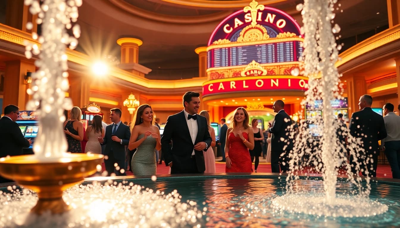 People enjoying a lively casino atmosphere at 18vip娛樂 with sparkling fountains and vibrant lights.