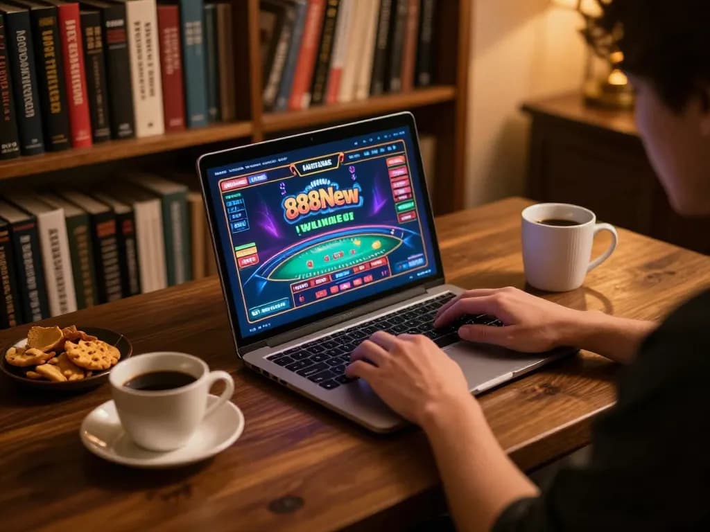Player enjoying 888New online casino games on stylish home setup with vibrant screen