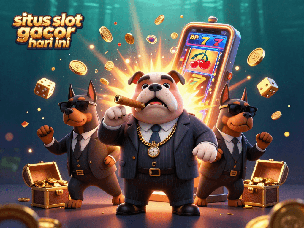 Situs slot gacor hari ini showcases a lively 3D illustration of a mafia bulldog and bodyguard Dobermans amidst a jackpot explosion.