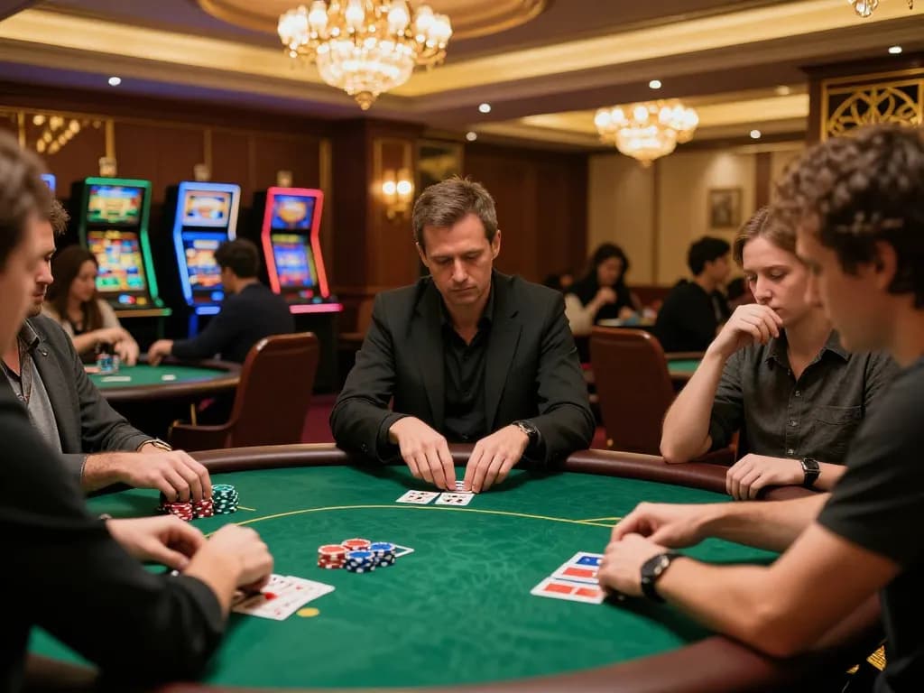 Players actively participating in poker with tt88 link visible on the dealer's table, capturing a moment of strategy and excitement.