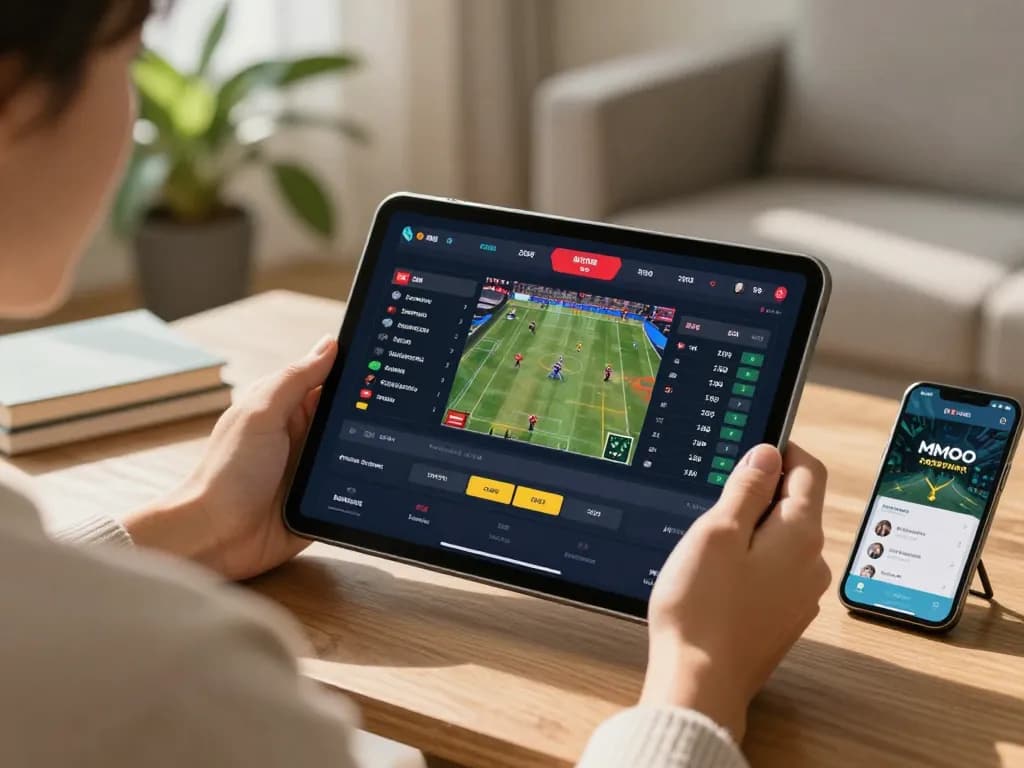Placing bets on the MMOO sports betting app from home, showcasing live match updates