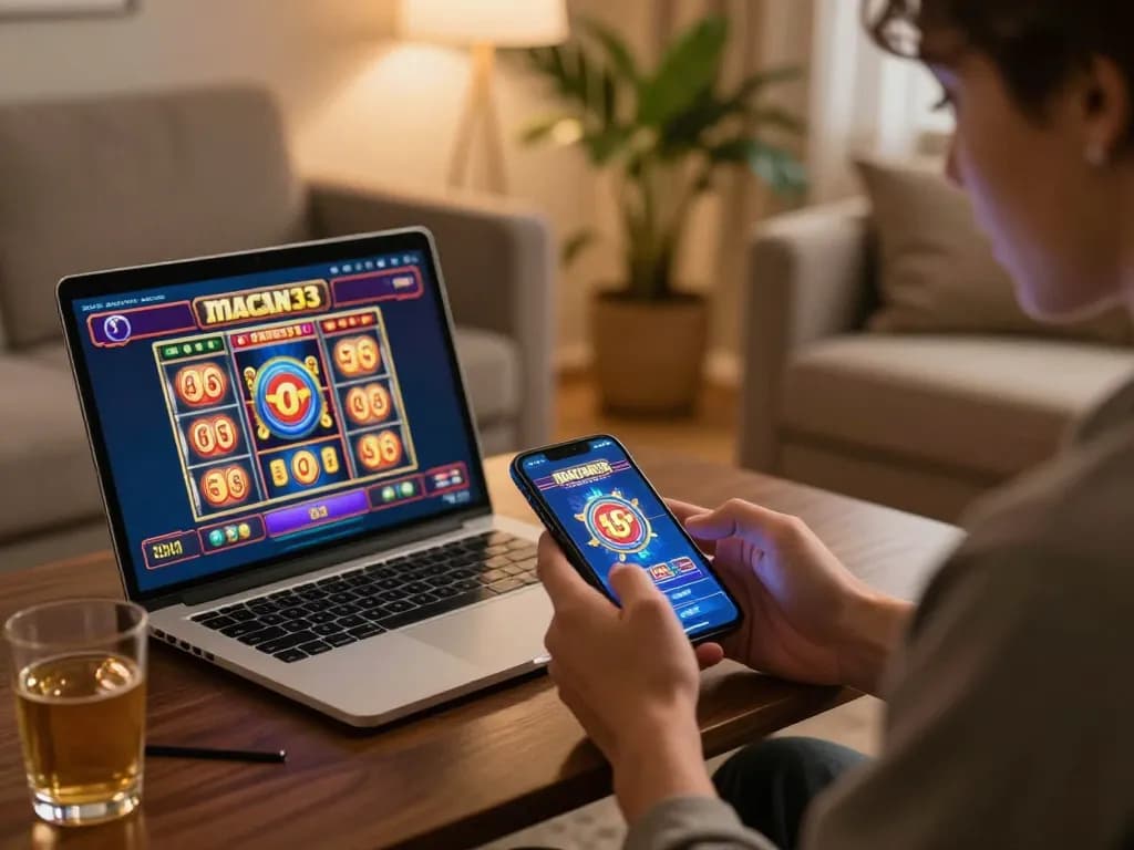 Excited player engaging in macan33 slots on smartphone with cozy home setup.