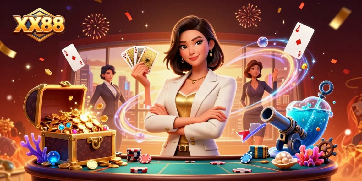 Experience the excitement of XX88 casino with a glamorous Asian woman holding golden cards amid vibrant gaming elements.