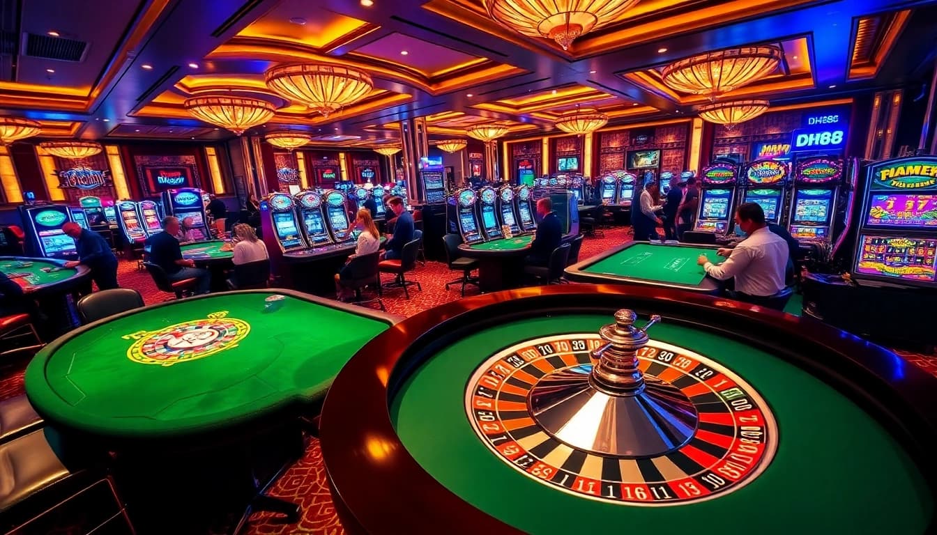 Players enjoying a thrilling game at dh88 casino, with roulette wheel, slot machines, and vibrant gaming action.