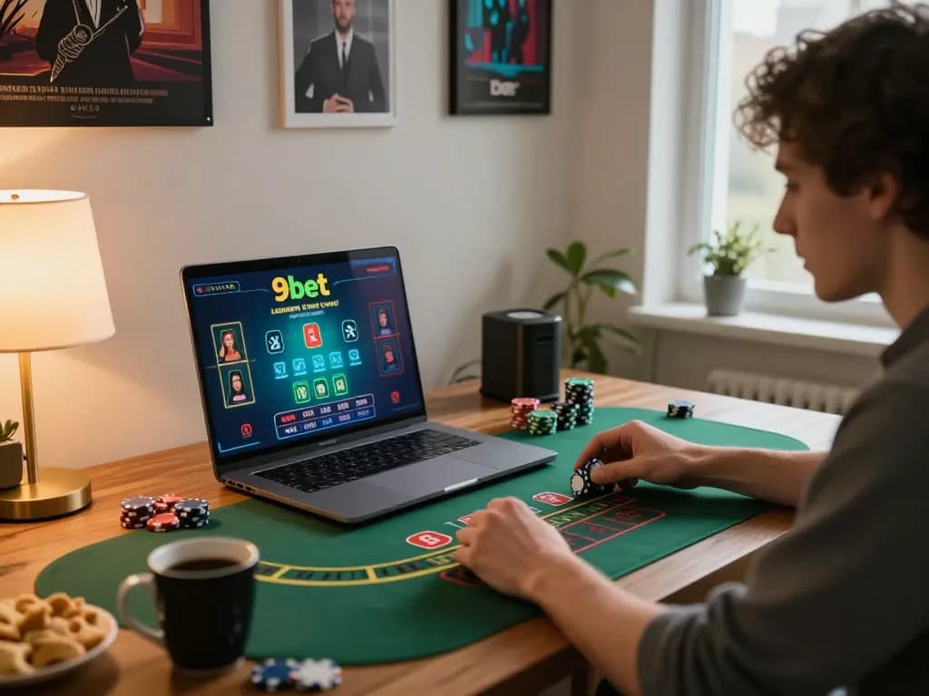 Player enjoying live dealer blackjack on 9bet, showcasing an active home gaming setup with strategic focus.
