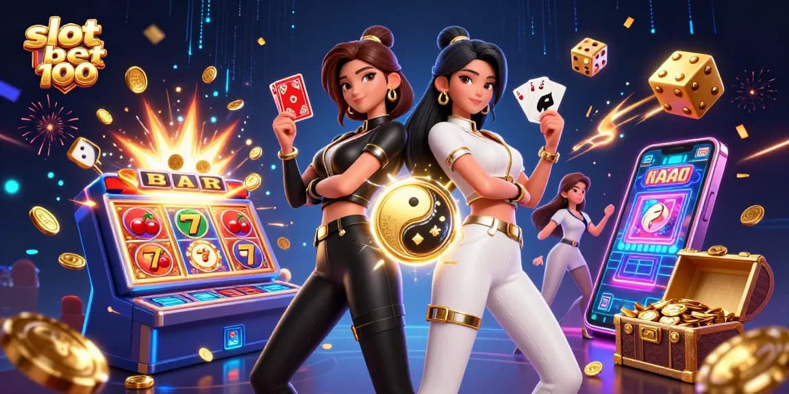Engage with slot bet 100 in a stunning scene featuring twin Asian women with casino elements.