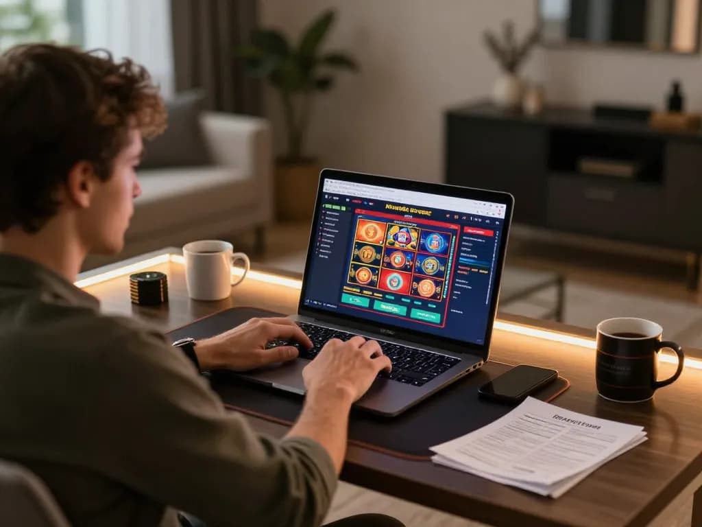 Gambler using 88aa site on a laptop while tracking betting strategies.