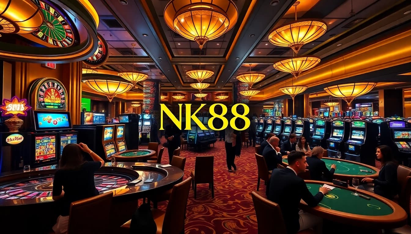 NK88 players engaging in thrilling casino games, showcasing vibrant roulette and slot machines.