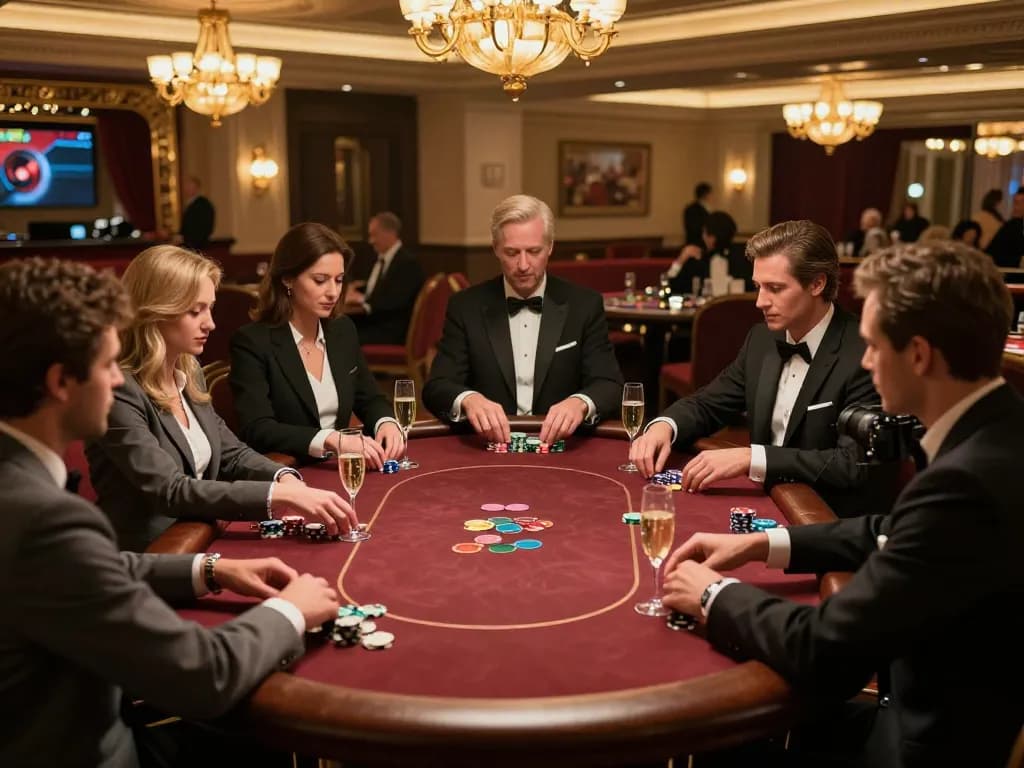 Players engrossed in a high-stakes poker game at UU88's exclusive VIP area, showcasing sophistication.