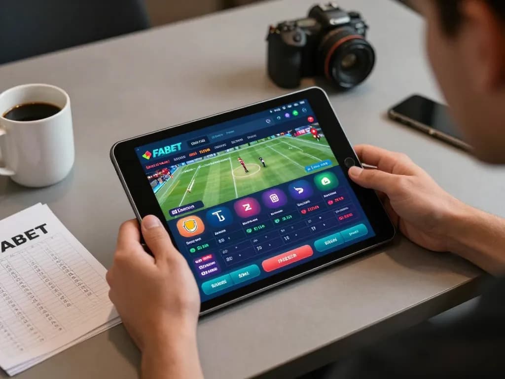 FABET app displayed on tablet while placing strategic sports bets from home.