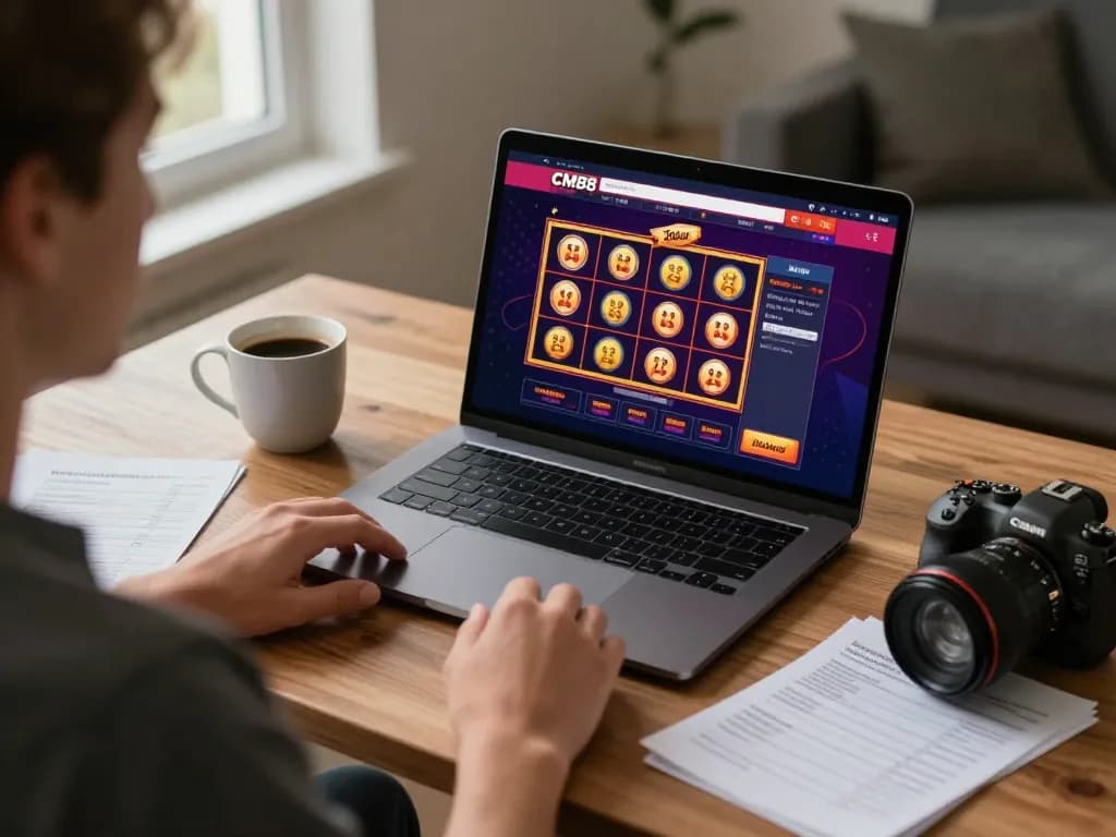 Experience gaming at home with CM88 slots interface on laptop, coffee nearby, strategic notes visible.