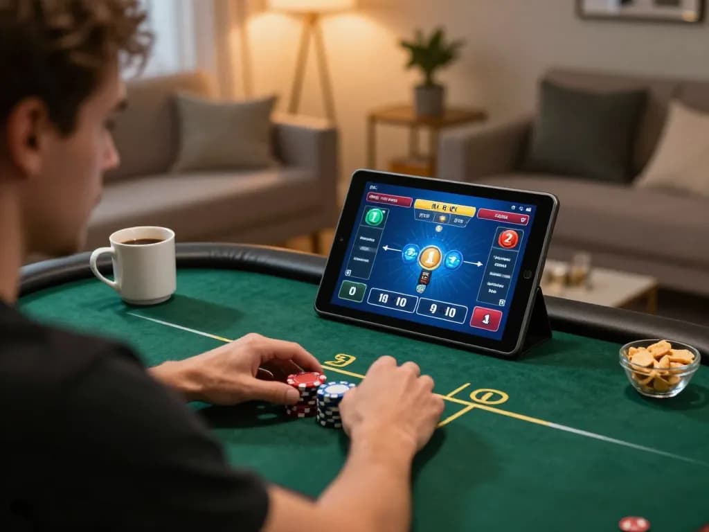 WIN678 player engaged in online poker game at home with tablet, showcasing immersive gaming experience.
