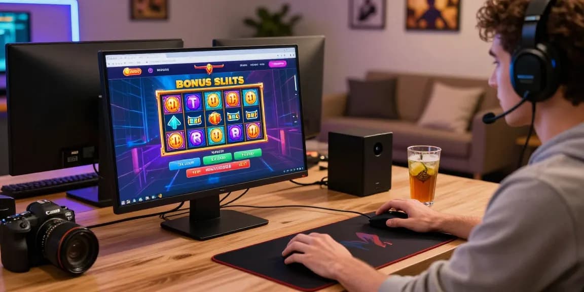 Player engaging with cocomaya.co.uk's Bonus Buy Slots in a vibrant gaming environment, showcasing dynamic graphics and accessories.