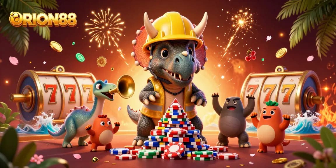 Experience the thrill of ORION88 with vibrant casino elements and animated characters celebrating wins.