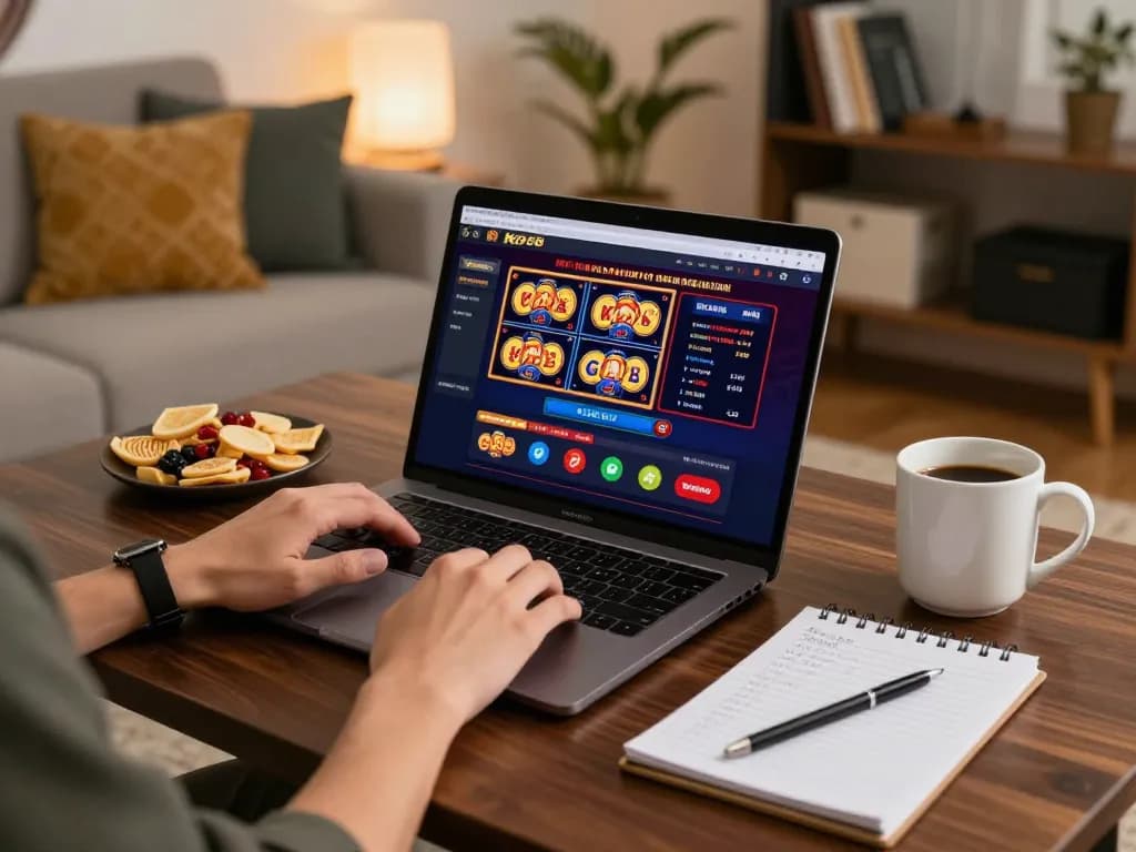 KP88 online gaming setup featuring a player engaged with slots and poker games, cozy home environment.