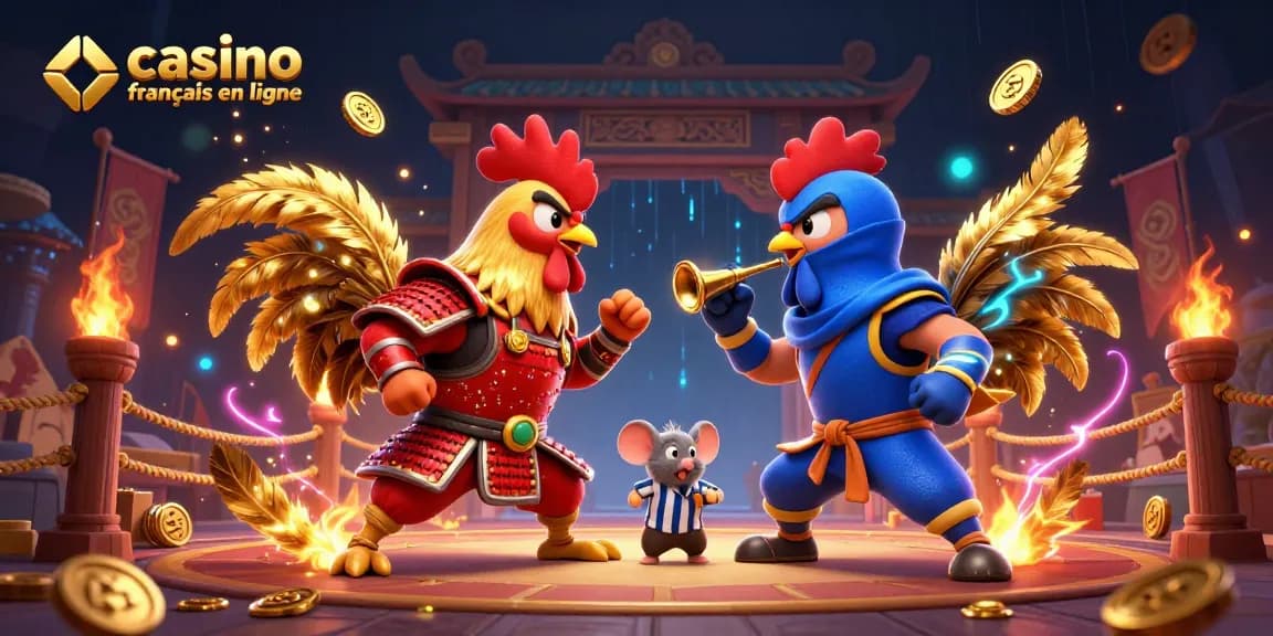 Engage with casino francais en ligne featuring epic duel of roosters in 3D detailed illustration.
